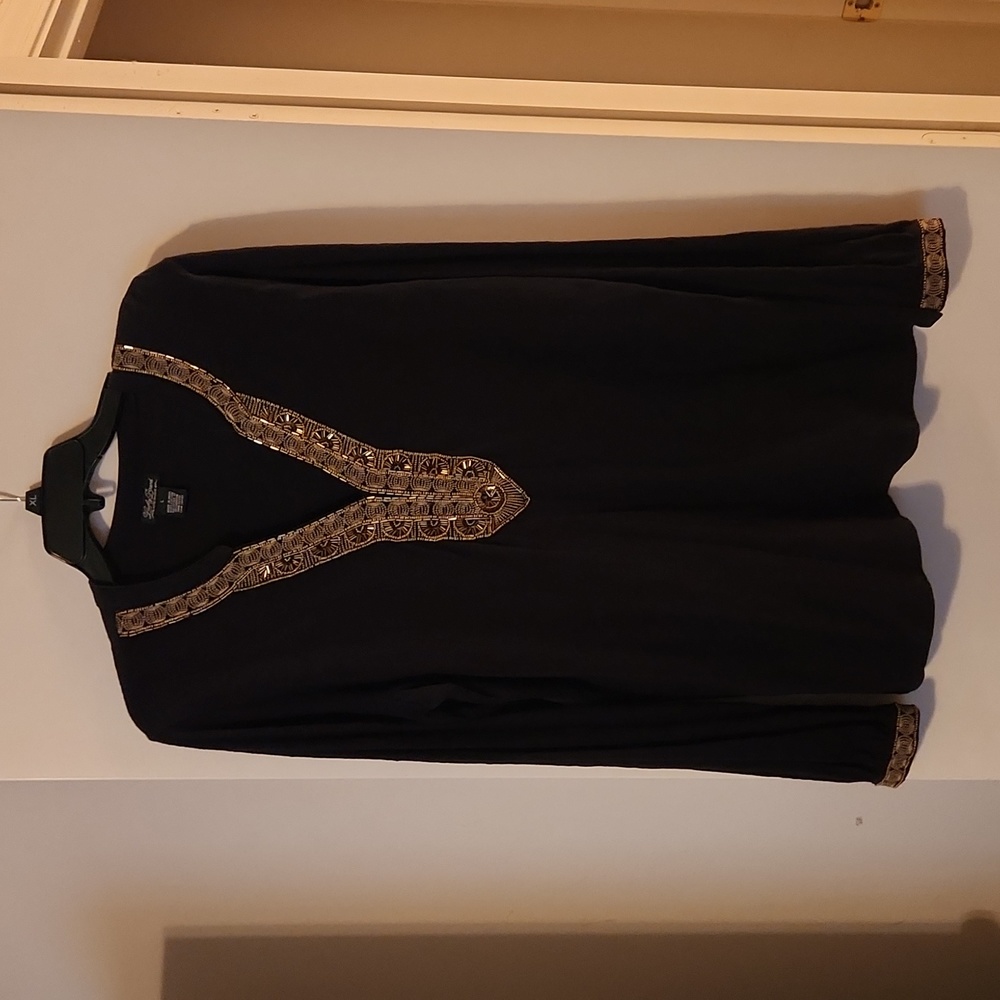 Lucky Brand black knit top with gold beading trim on neckline and sleeves. Large